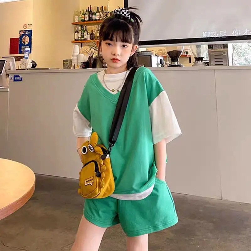 

Summer Girls Casual Tracksuit Cotton Fake Two Piece Patchwork T-shirt Shorts Pants Suit 4 6 8 Years Kids Clothes Children's Sets