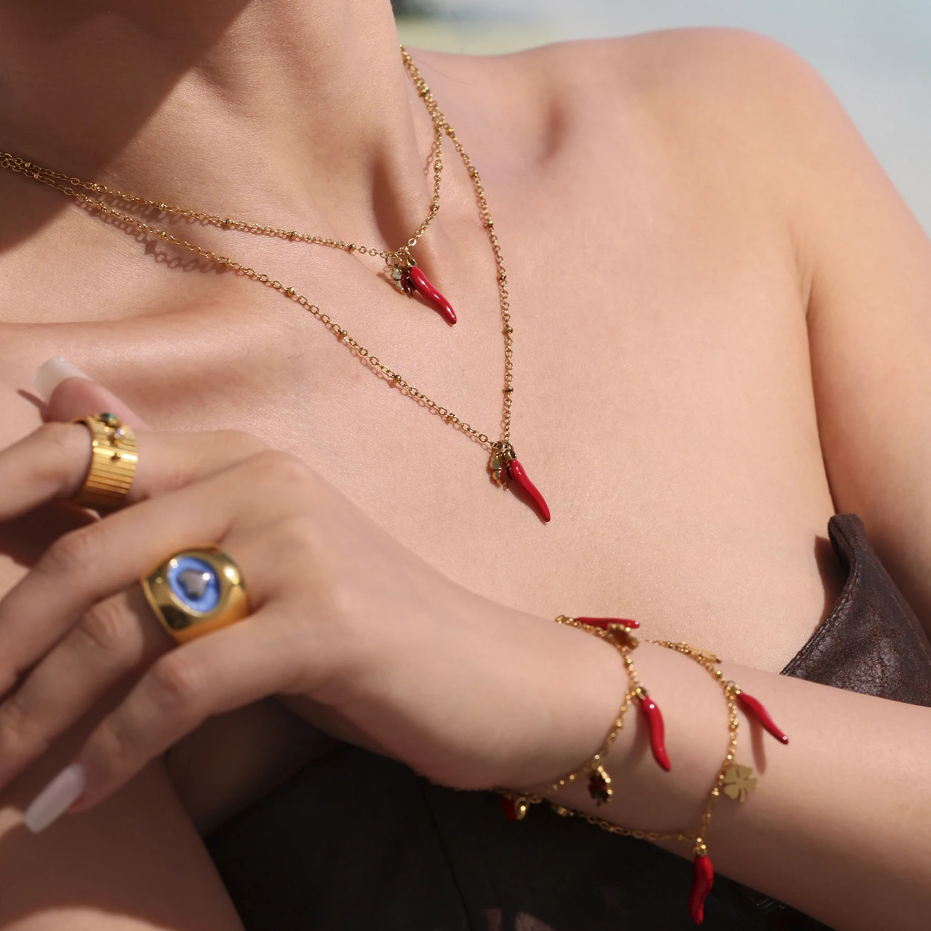 Chili Pendant Cute Necklace Bracelet for Women Stainless Steel Gold Plated Waterproof Chain Female Girl Jewelry Gift