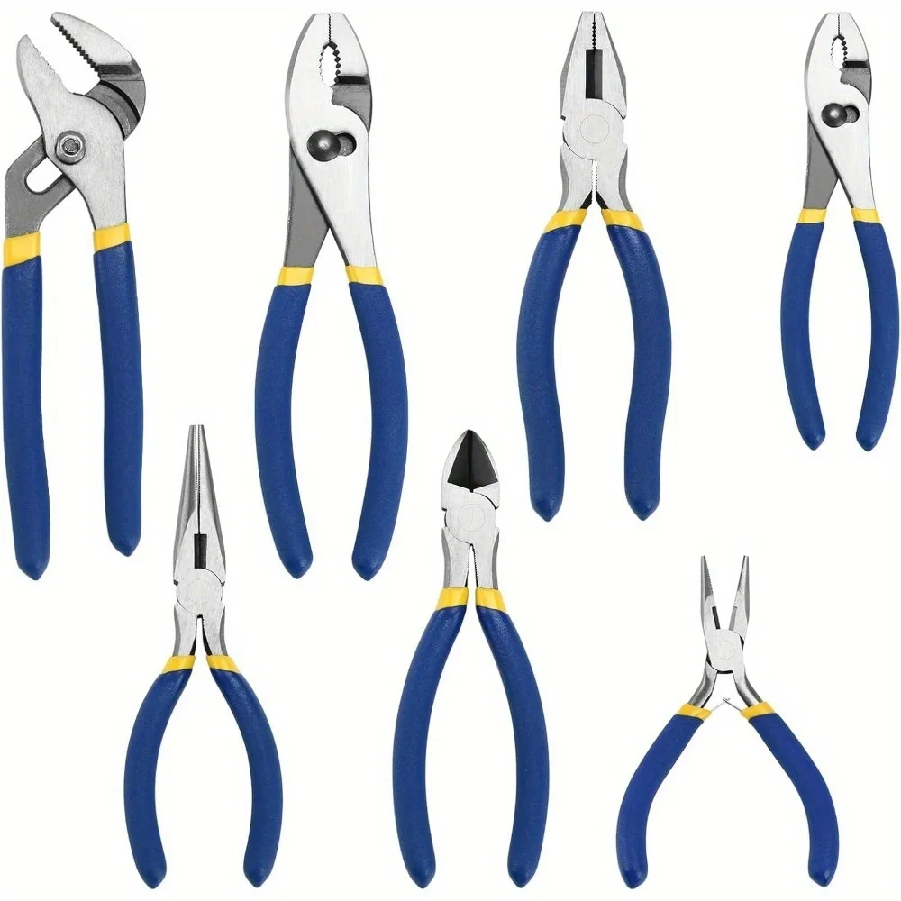 7Pcs Multi Purpose Pliers Set Blue Groove Joint Long Nose Slip Joint Linesman Diagonal Pliers for Home DIY