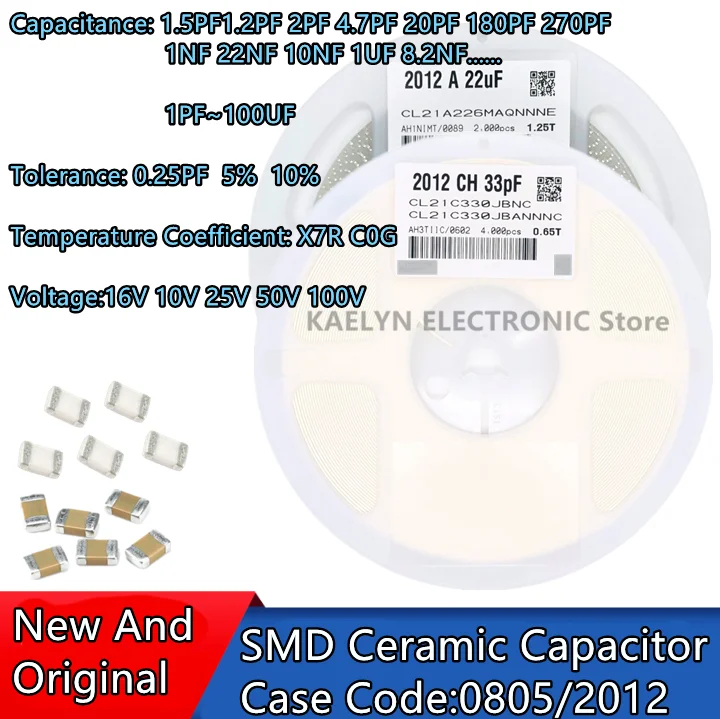 4000PCS 0805 SMD Capacitor 1.5 2PF 2.2 5.6 3.9PF 180PF 22NF 3.3NF 3.3UF 3.9 33 100 2.2NF  50V 100V C0G X7R 0.25PF 10% 1PF~10UF