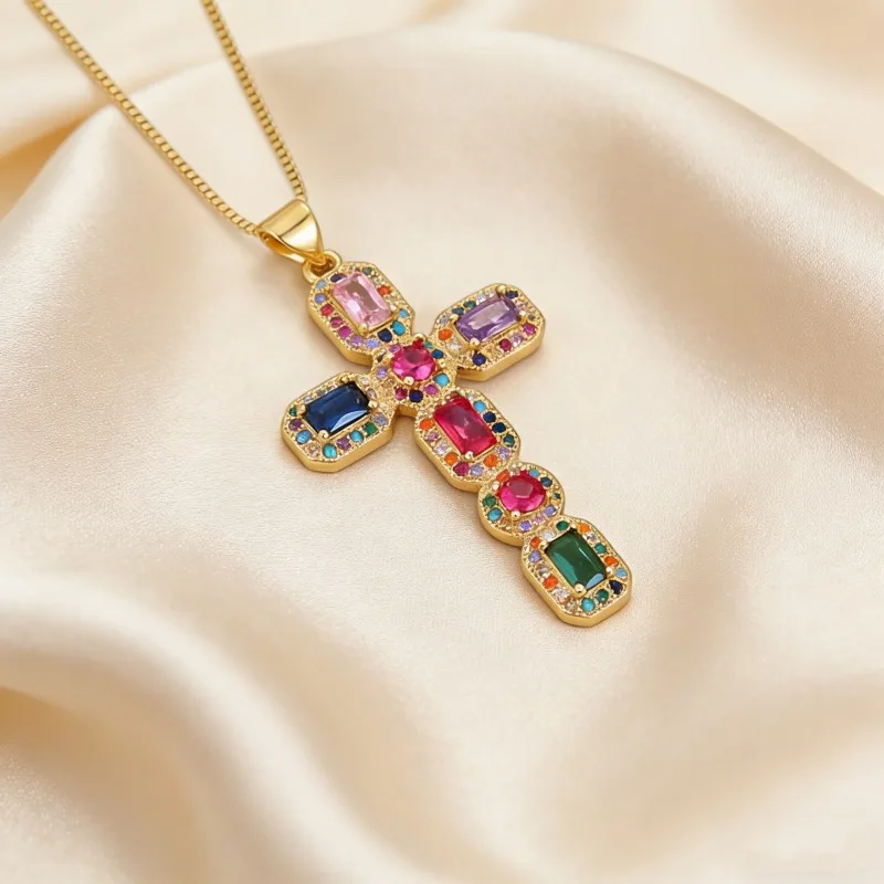 Cross-border copper inlaid colored zircon cross light luxury necklace accessories women's fashion colored diamond