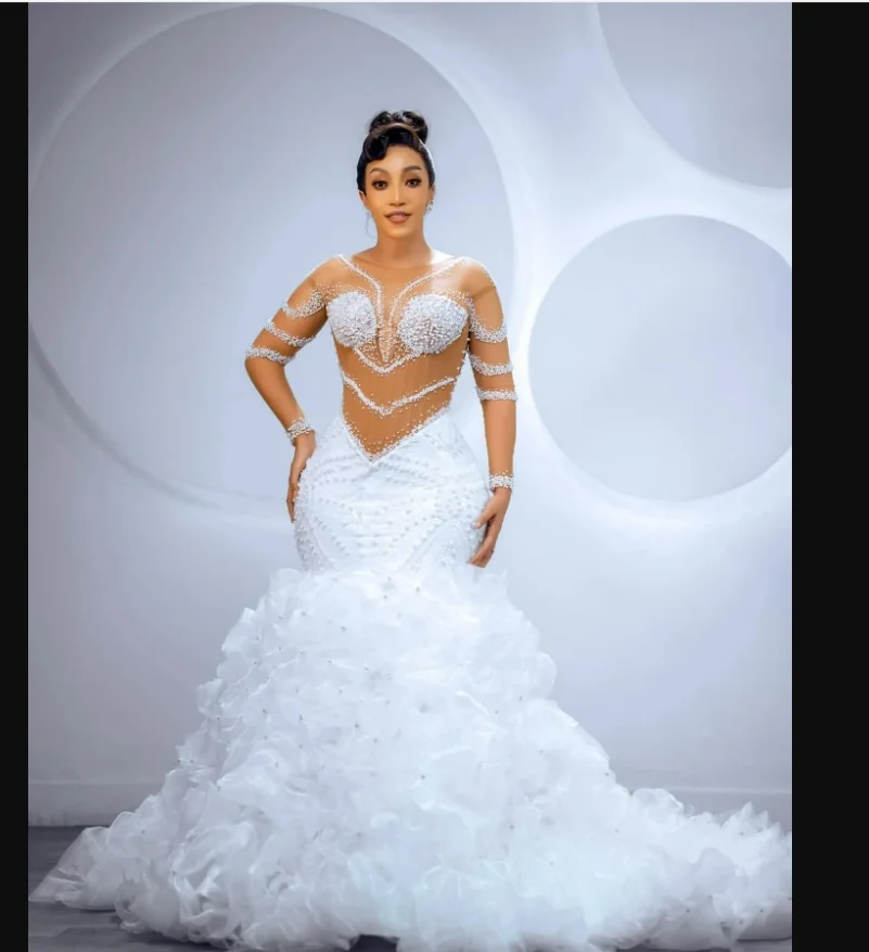 Customized See Through Sparkly Heavy Pearls Beads Wedding Dress Vestidos De Novia Long Sleeve Bridal Gown with Removable Skirt