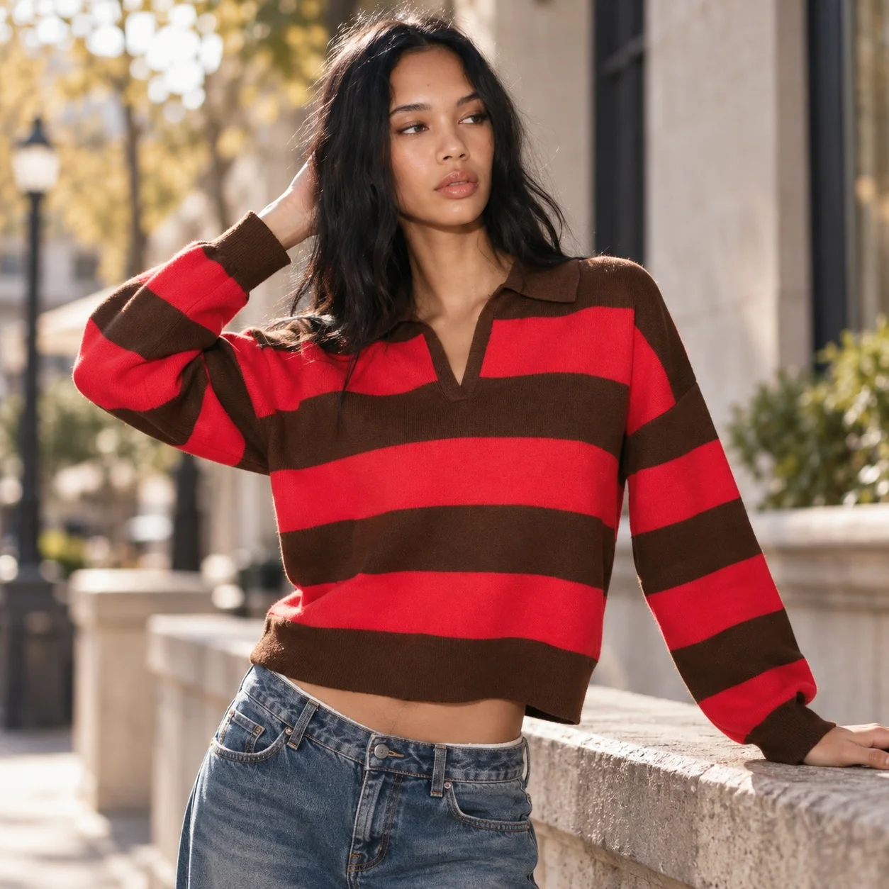 Striped Turn Down Collar Polo Shirt Regular Fit Individual Street with Long Sleeve Regular Length Medium Weight Women T Shirt
