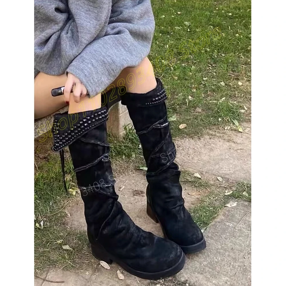 

Black Suede Crystal Rivets Round Toe Mid Calf Boots Back Lace-up Cow Knight Fashion Women Shoes 2024 Sexy Zapatos Para Mujere