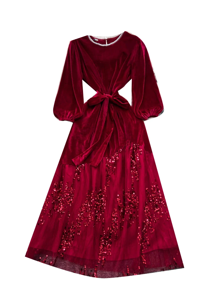   Abito lungo in velluto con paillettes Me Wrap Vita lunga Sve rotondo Ne per donna Ricamo pesante A-Line Estate Ci Pendolarismo Dr