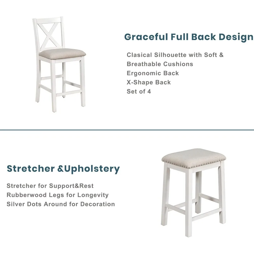 Conjunto de mesa de jantar com altura de balcão de 5 peças, conjunto de mesa de cozinha de fazenda com prateleiras de armazenamento, 2 cadeiras de jantar e 2 bancos, branco