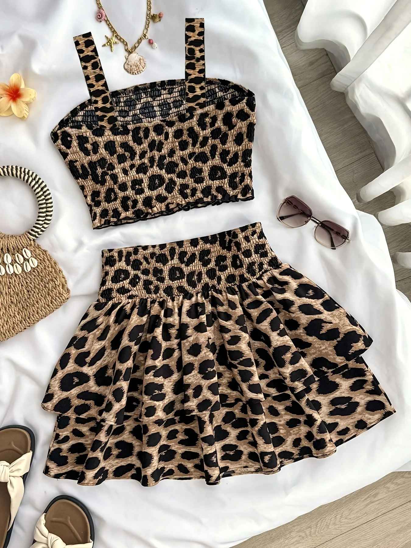 Stretchy Kids Girls Two Piece Casual Wear, Wrinkle-resistant Leopard Shirred Sling Top & Elastic Waist Layered Skirt for Mall Sh