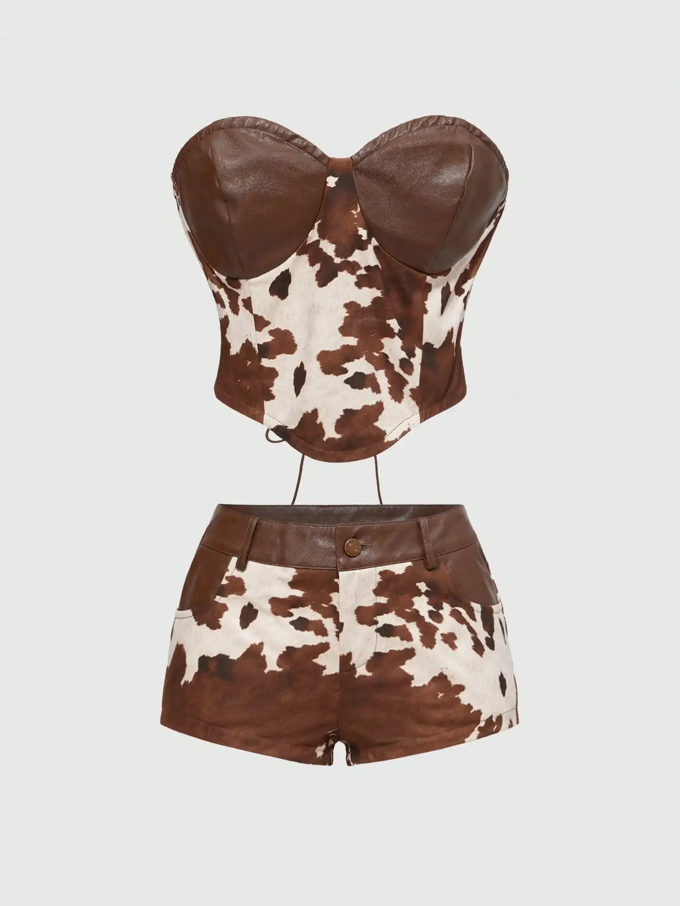 

Brown & Cream Cow Print PU Corset Top and Mini Shorts 2-Piece Set