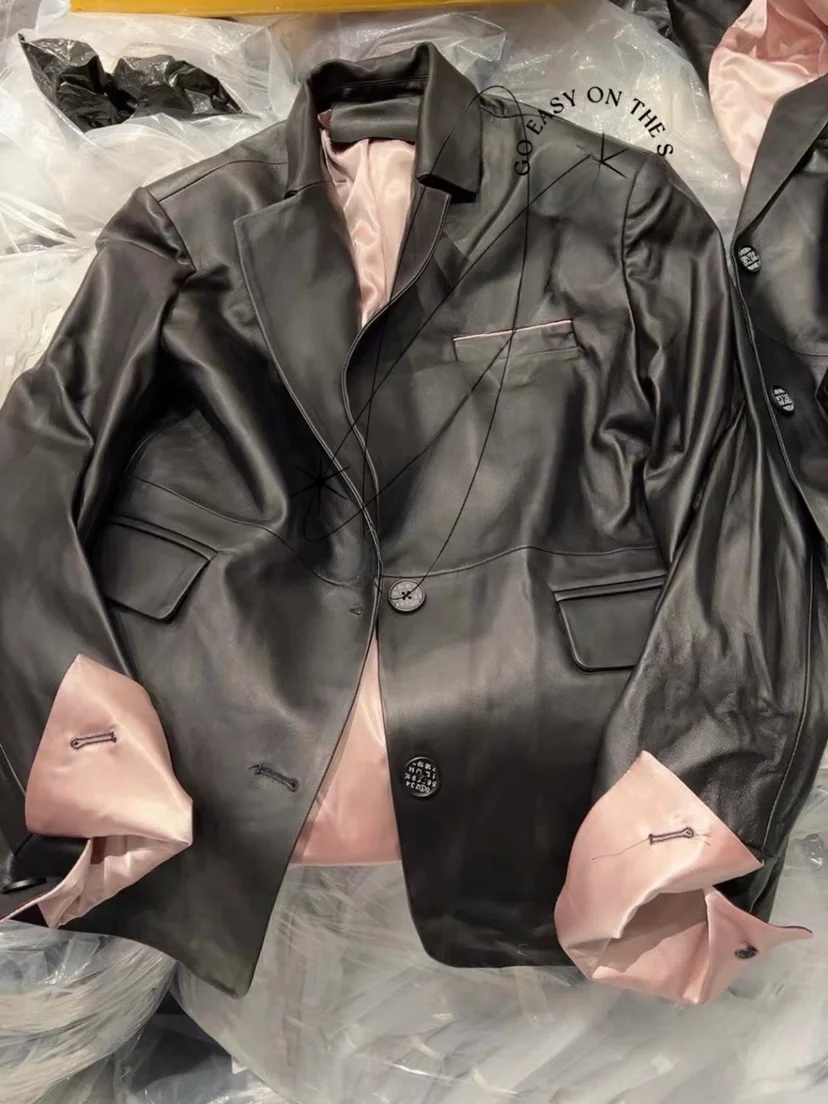 

Vivi2023 Autumn eepskin Genuine Leather Jaet Mid-Length Slimming Casual Women's Suit Coat Long Sve Single Button