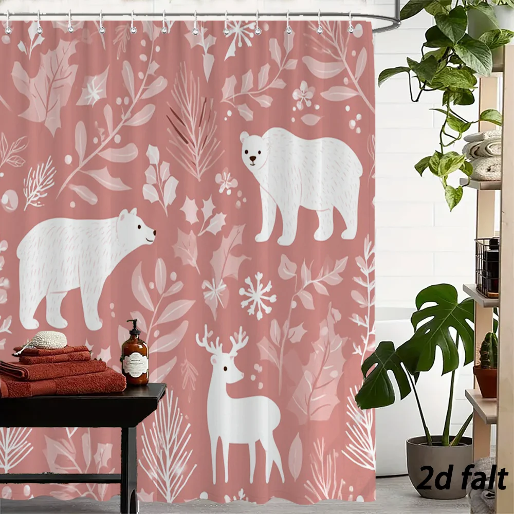 Winter Woodland Shower Curtain – Polar Bears & Deer on Pink Botanical Background, Polyester, Machine Washable, 12 Hooks