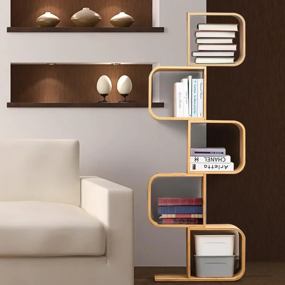 TAO 5-Tier S-Shaped Geometric Modern Bamboo Bookshelf, 2 in 1 Bookcase Storage CDs, DVDs Book Shelf for Home, Living Room