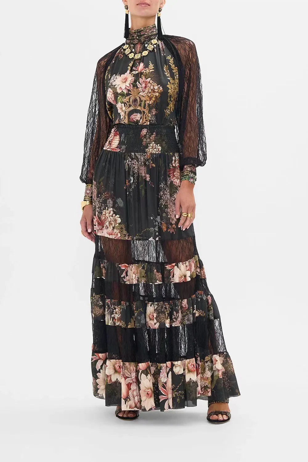 

Women Silk Flower Printed Stand Collar Beaded Lace Stitching Long Sleeve Blouse Or Elastic Waist Long Skirt