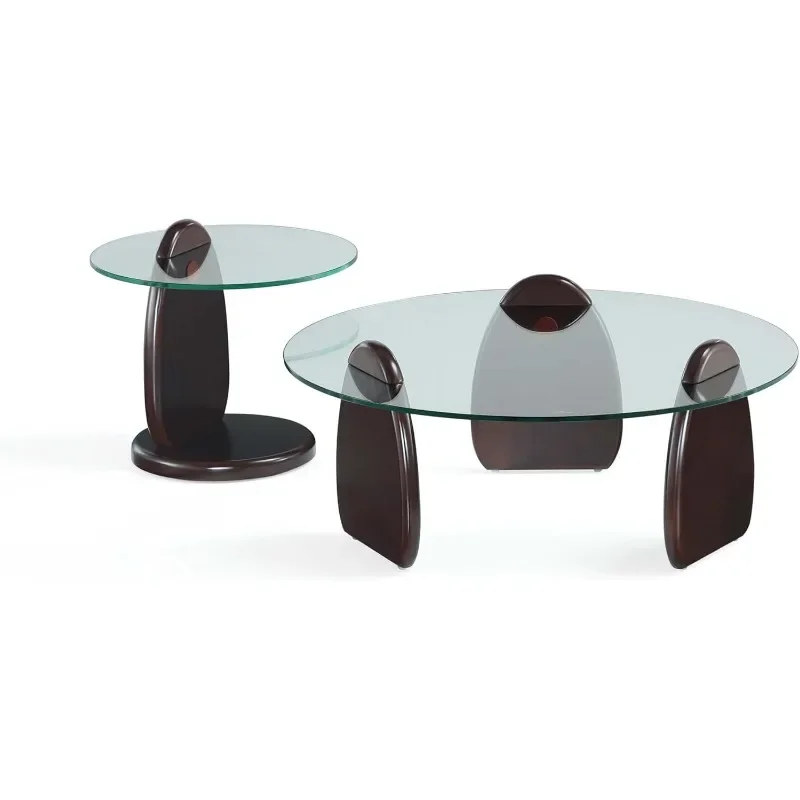 

Round End and Coffee Tables with With Sleek Tempered Glass Top and Solid Wood Base, Living Room Accent Furniture