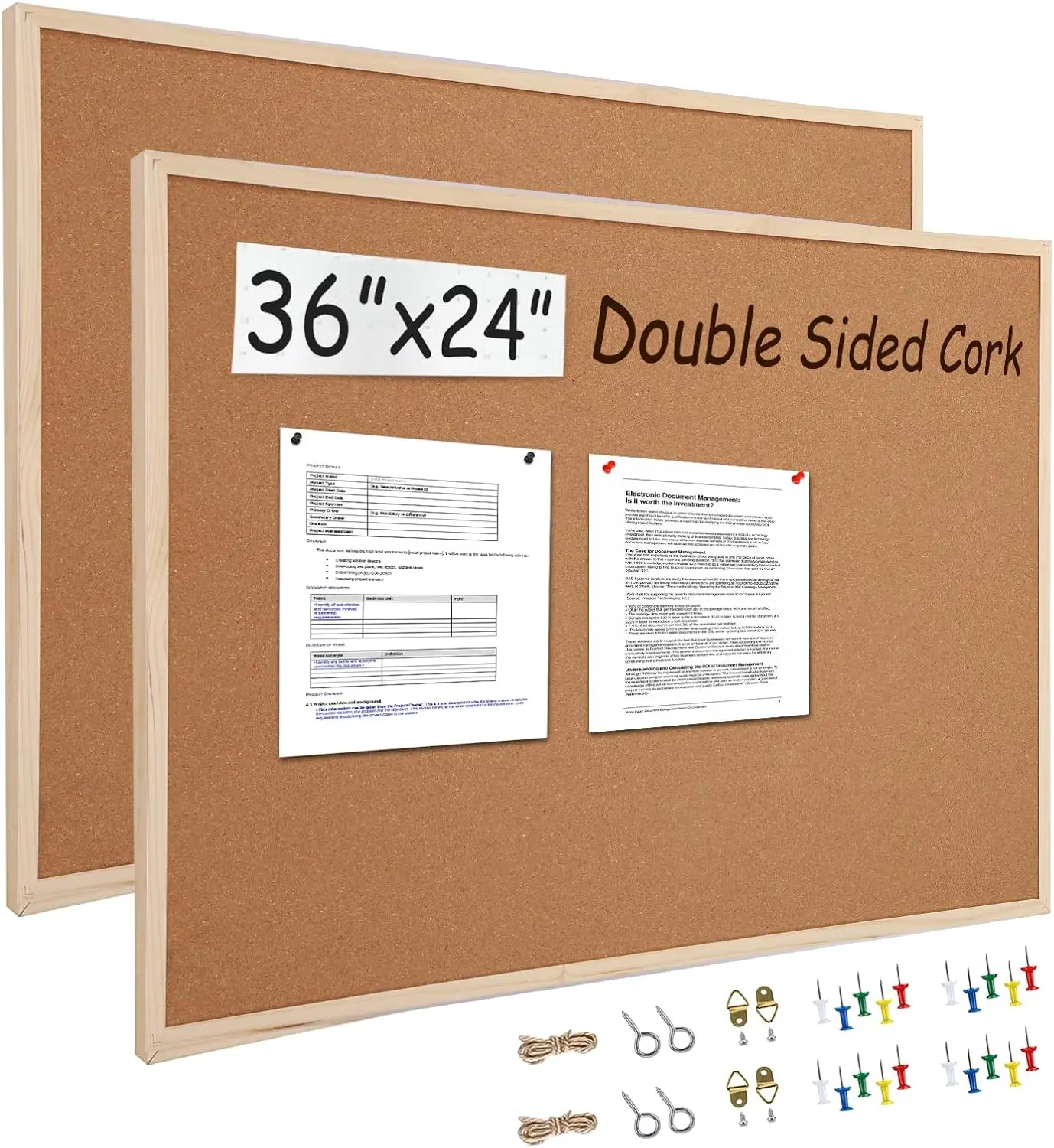 

2 Pack 24x36 Inch Cork Boards with Wood Frame, Double-Sided Office Wall Organizer, Decorative Pin Board for School Home Office