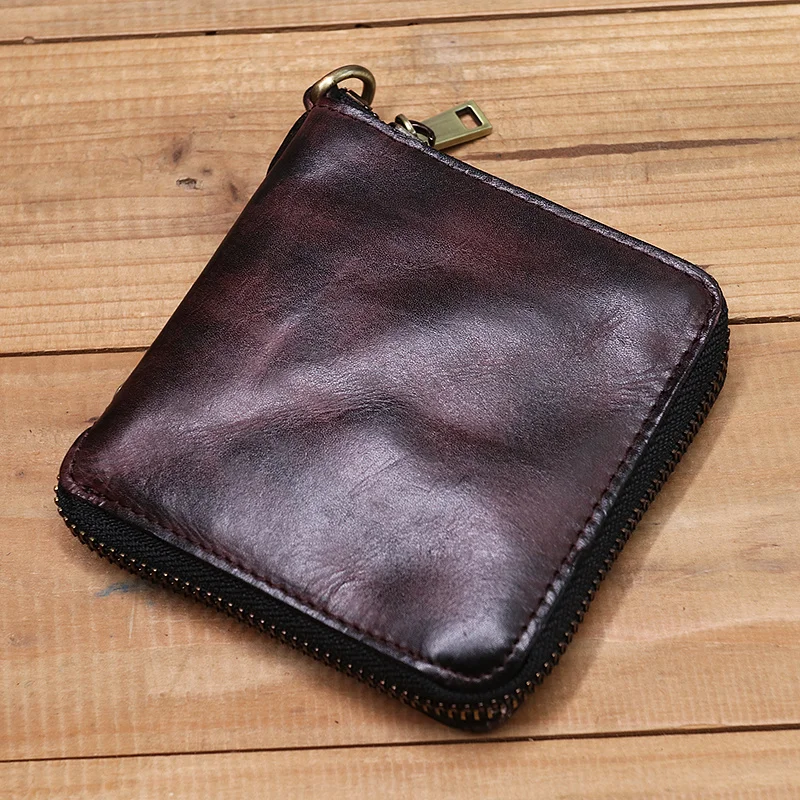 2024 Genuine Leather Wallet For Men Male Vintage Retro Wrinkled Zipper Short Bifold Purse With Card Holder Coin Pocket Money Bag