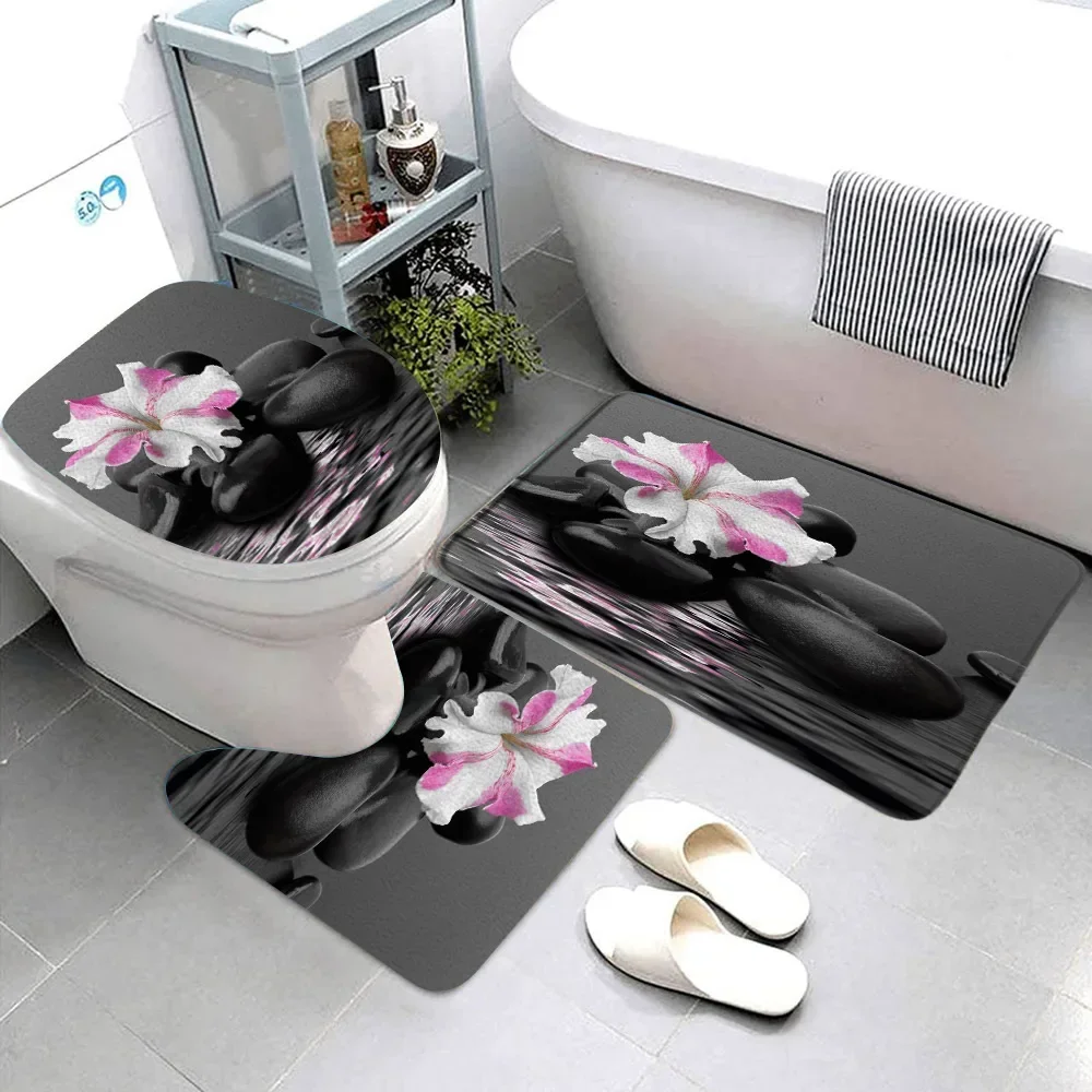 Zen Bathroom Rug Set Green Bamboo Meditation Black Pebbles Flowing Flannel Non-Slip Bath Mat Toilet Mat Toilet Decor Carpet Set