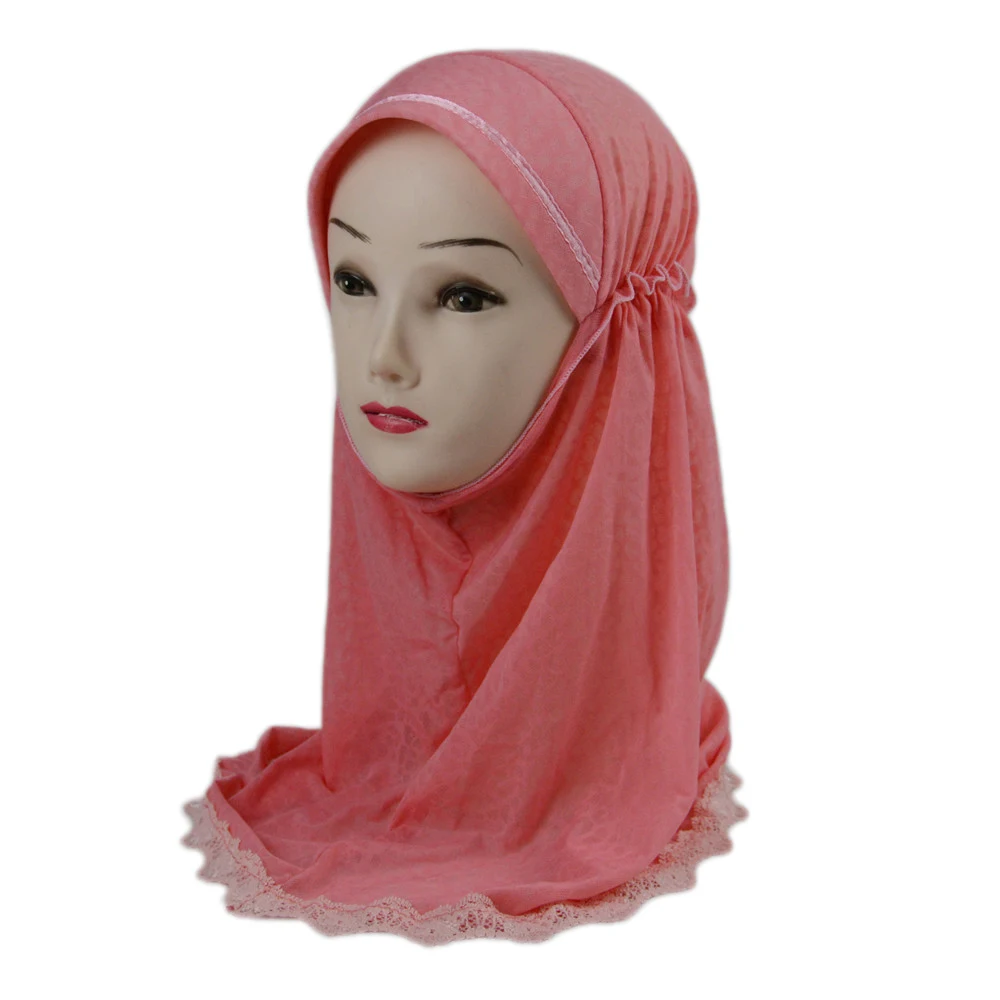 Muslim Girls Kids Amira Hijab Pull On Islamic Scarf Shawls Beautiful Lace Head Cover Bonnet Headscarf for 2 to 6 years old Girls