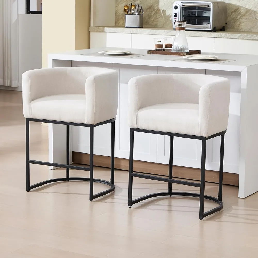 

Modern Counter Height Bar Stools Set of 2, 26" H Upholstered Linen Fabric Kitchen Island Stools, Barrel Accent Bar Stools