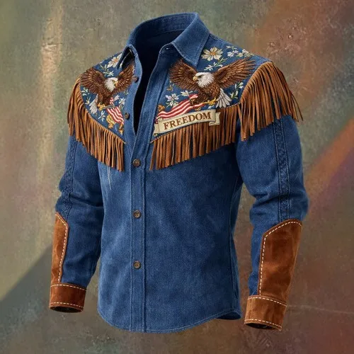Retro Western Cowboy Tassel Shirt Men's Slim Fit Long Sleeve Jacket American Trendy Print Coat Men's Clothing Fashionable Out...