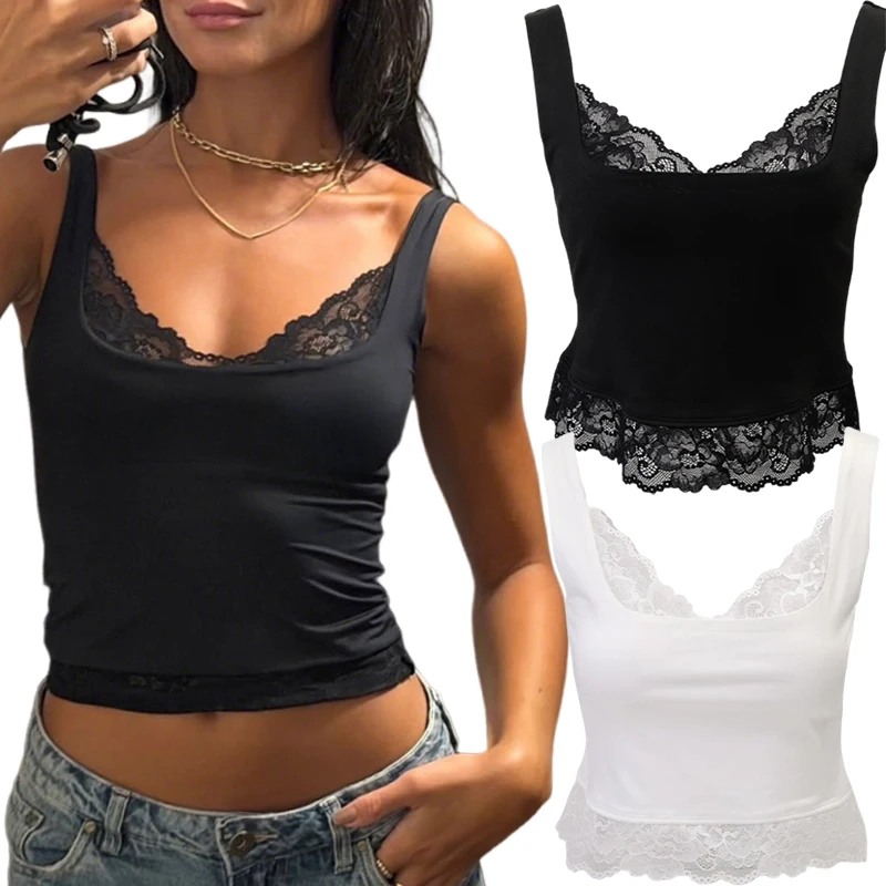 

2026 Summer Sexy Lace Vest Tossy Black Lace Tank Top for Women V-Neck Backless Streetwear Spaghetti Patchwork Cropped Y2k Top