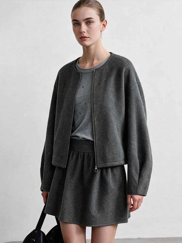 Amii Women's Double-Faced Wool Jacket Crew Neck Zip Up Loose Fit Slimming Casual Commuter Winter Jackets for Women 12624096