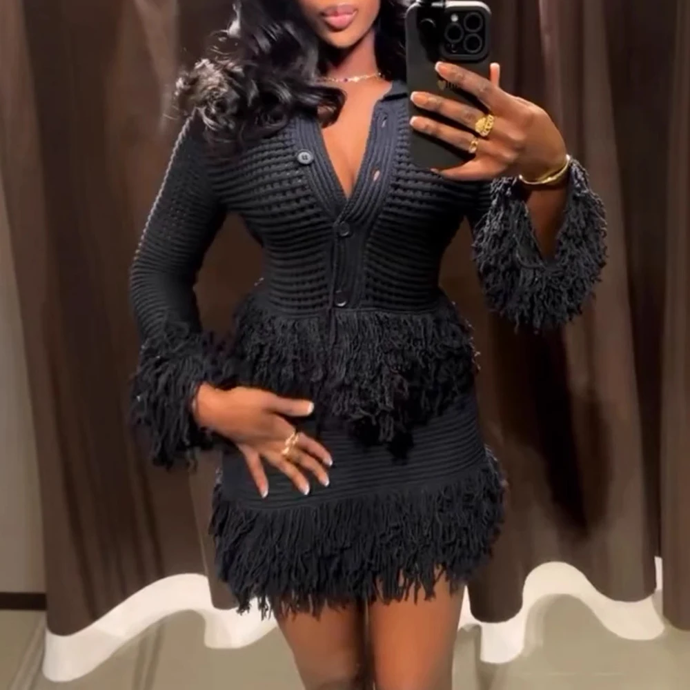 الملابس الأوروبية والأمريكية عبر الحدود Aliexpress Ins أزياء شعبية متعددة الاستخدامات شرابة تريكو + بدلة تنورة