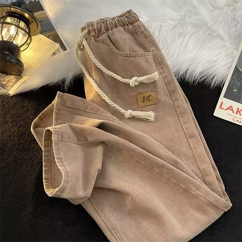 

Trendy Oversize Loose Straight Leg Jeans Men's High Street Vibe Pants with Big Dstring Elastic Waist Casual Denim