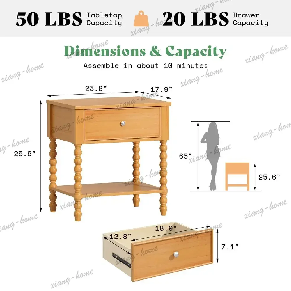 ls24 Wood Nightstand Set of 2, Vintage Bedside Table for Bedroom, Solid Wood Night Stand with Turned Legs, End Table with Drawer