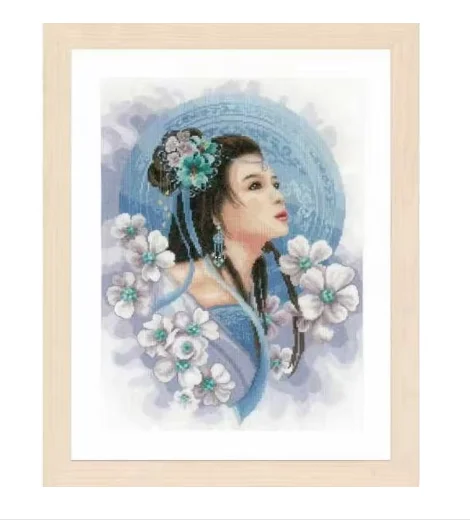 

-gold collection of beautiful Counted cross stitch kit for women, Princess girl in blue, lace and flowers