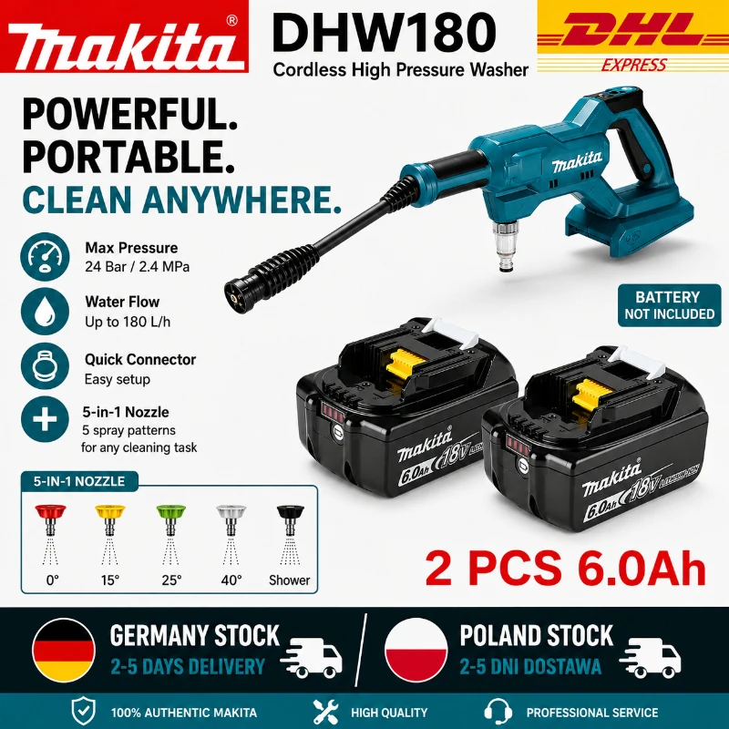 Original Makita DHW180 Kabelloser Hochdruckreiniger 18V Tragbarer Akku-Reiniger Drahtlose Wasserspritzpistole Hochleistungs-Autowaschmaschine für Garten Terrasse Fenster Außenreinigung Kompatibel mit