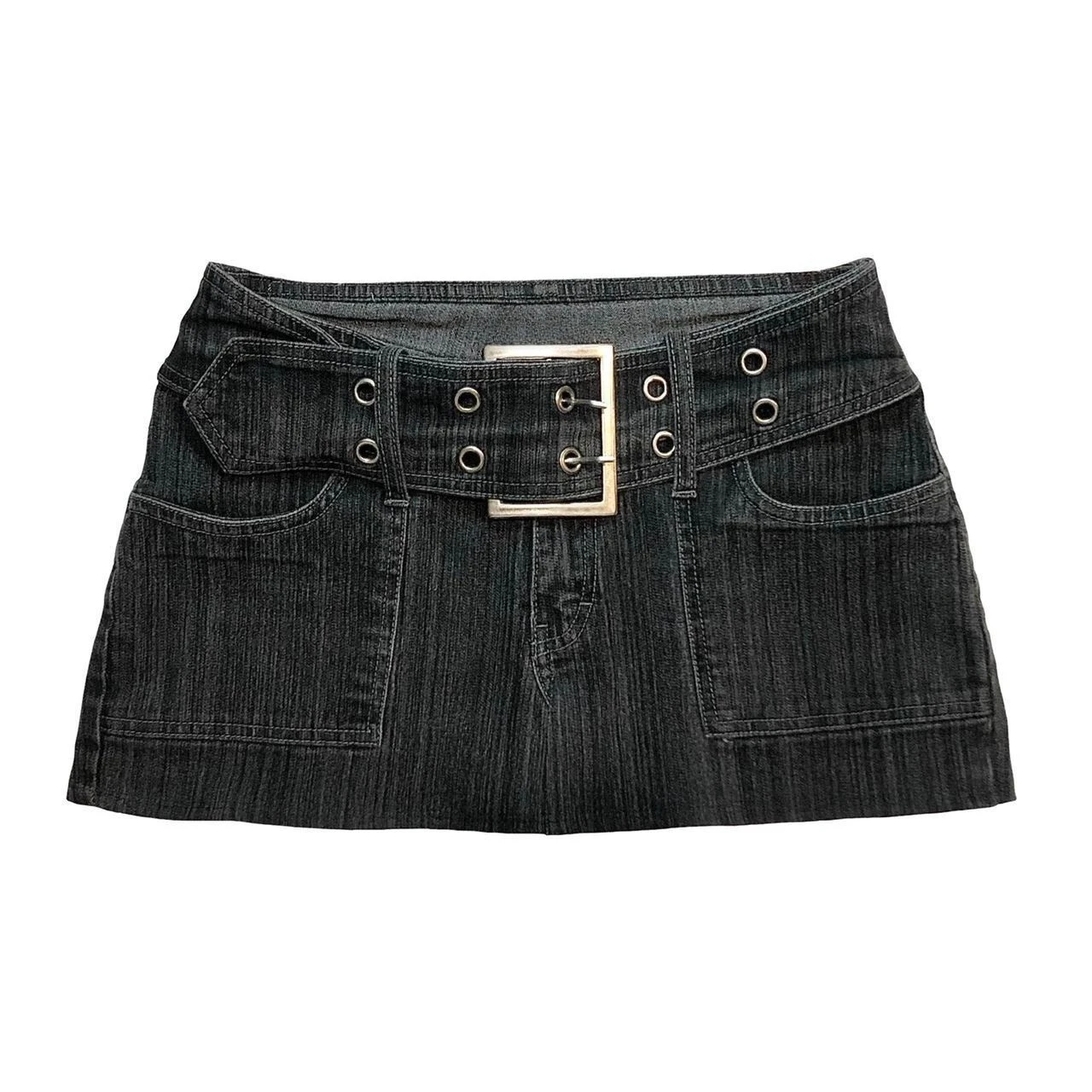 Y2K Black Grey Denim Skirt Women Harajuku Retro Adjustable Belt Mini Skirt Gothic Vintage Large Pockets Sexy Low Waisted Skirt