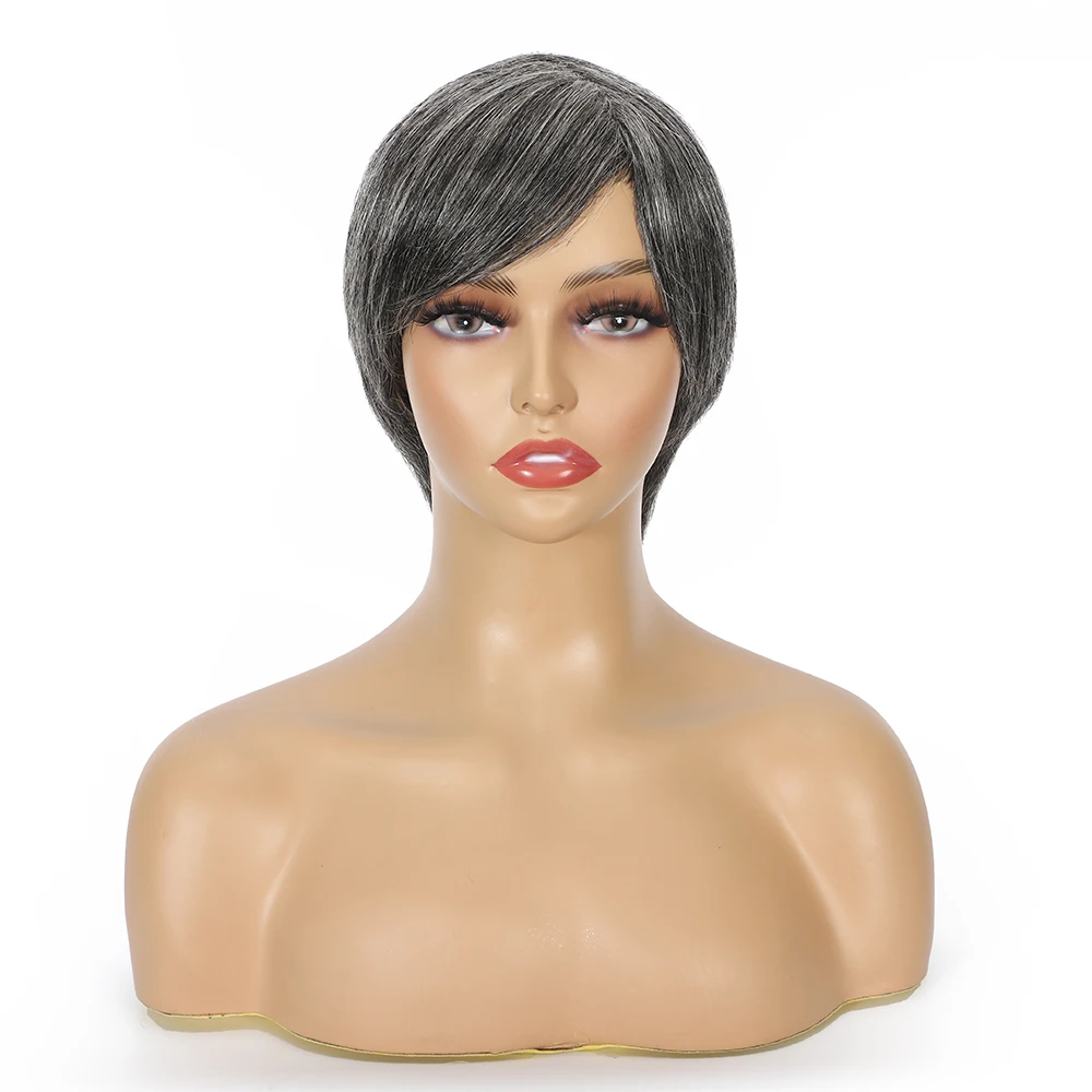 Short Ombre Grey Wig Human Hair Salt and Pepper Human Hair Wigs for Women Short Pixie Wig with Bangs Gray Machine Made Wigs