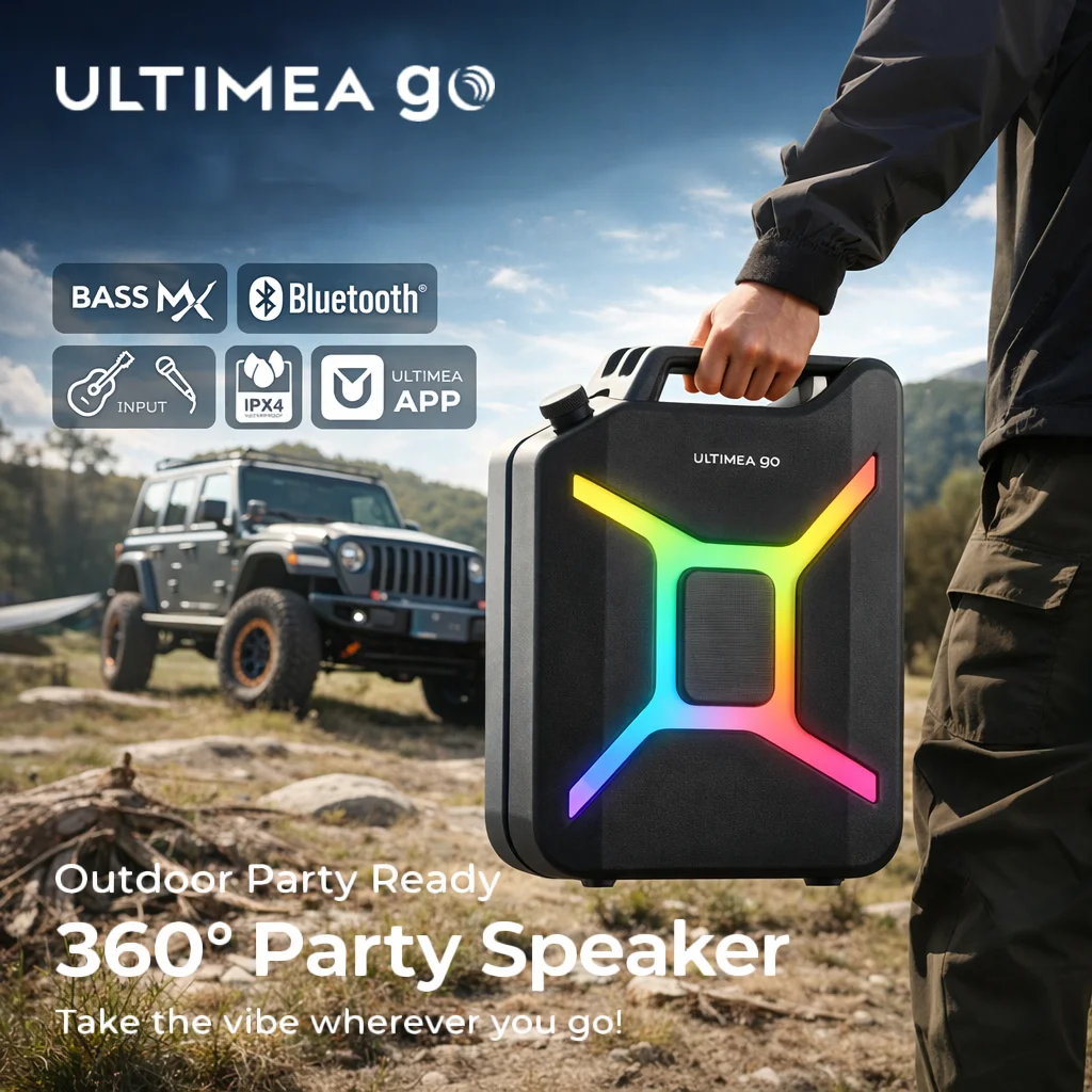ULTIMEA Go Tragbarer Wasserdichter Bluetooth-Lautsprecher, Kabelloser Outdoor-Subwoofer, Tiefer Bass, 300W Party-Lautsprecher, RGB-Lichter, APP-Steuerung