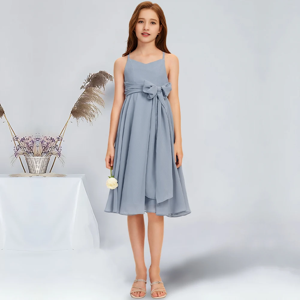 A-line V-Neck Knee-Length Chiffon Junior Bridesmaid Dress Chic Flower Girl Dress for Wedding Teen Dresses For Special Occasions