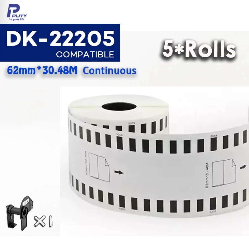 5 Rolls Compatible DK-22205 DK2205 Label 62mm*30.48M Continuous Compatible for Brother Label Printer White Paper DK22205