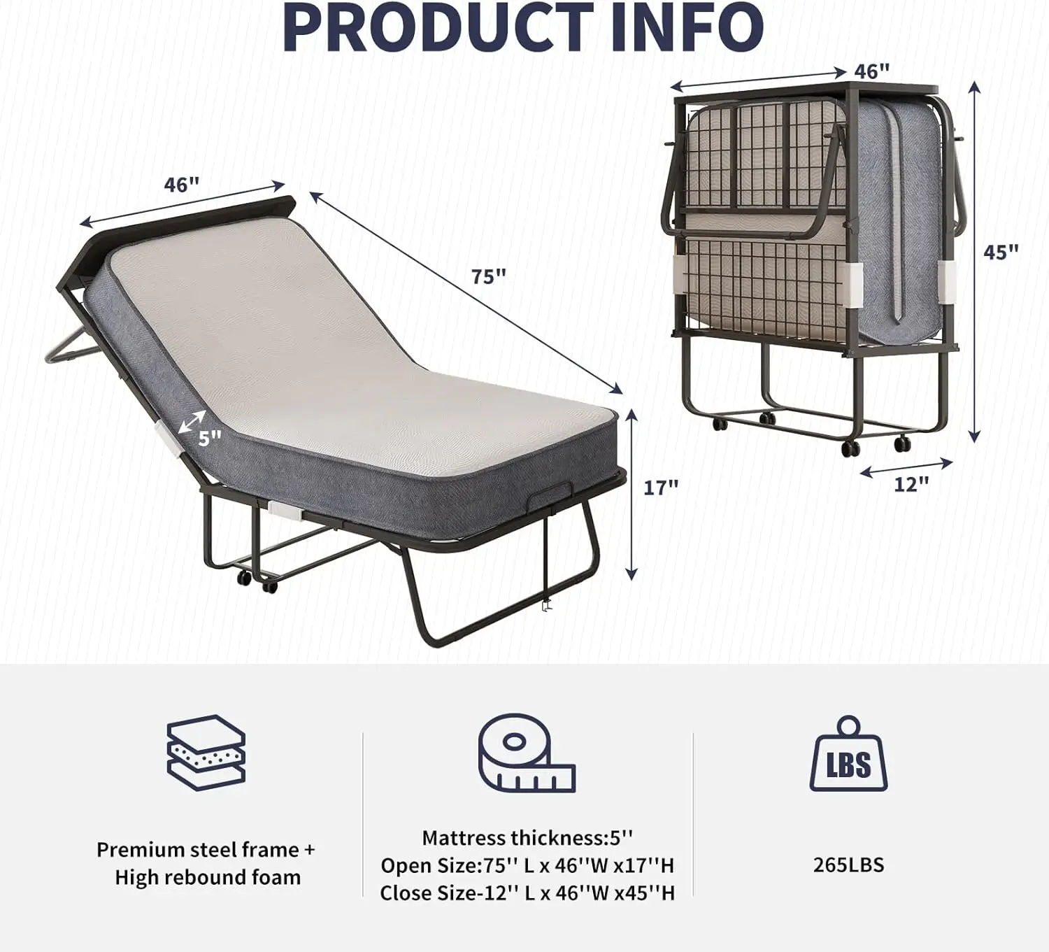 Home Use Folding Bed, Steel Frame with High Rebound Foam, No Color Mentioned, Features Storage Cover and Movable Wheels