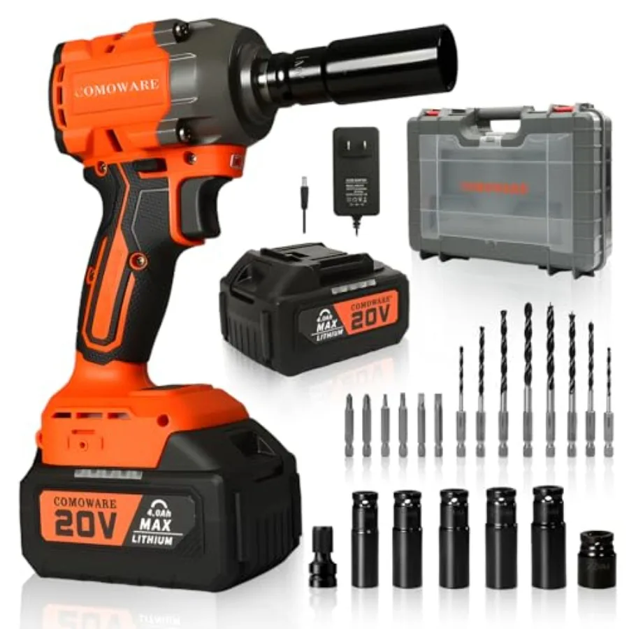 

Беспроводной ударный гайковерт 650 Нм (480 фунт-футов) 1/2 дюйма, бесщеточный, с высоким крутящим моментом, 20В, 4.0Ач, с быстрой зарядкой и 6 насадками