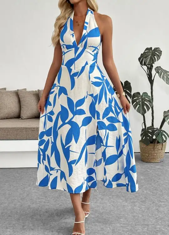 Women's Dress Summer New Fashionable Sexy Beach Vacation Style Leaf Print Deep V-Neck Backless Hanging Neck A-Line Long Dress