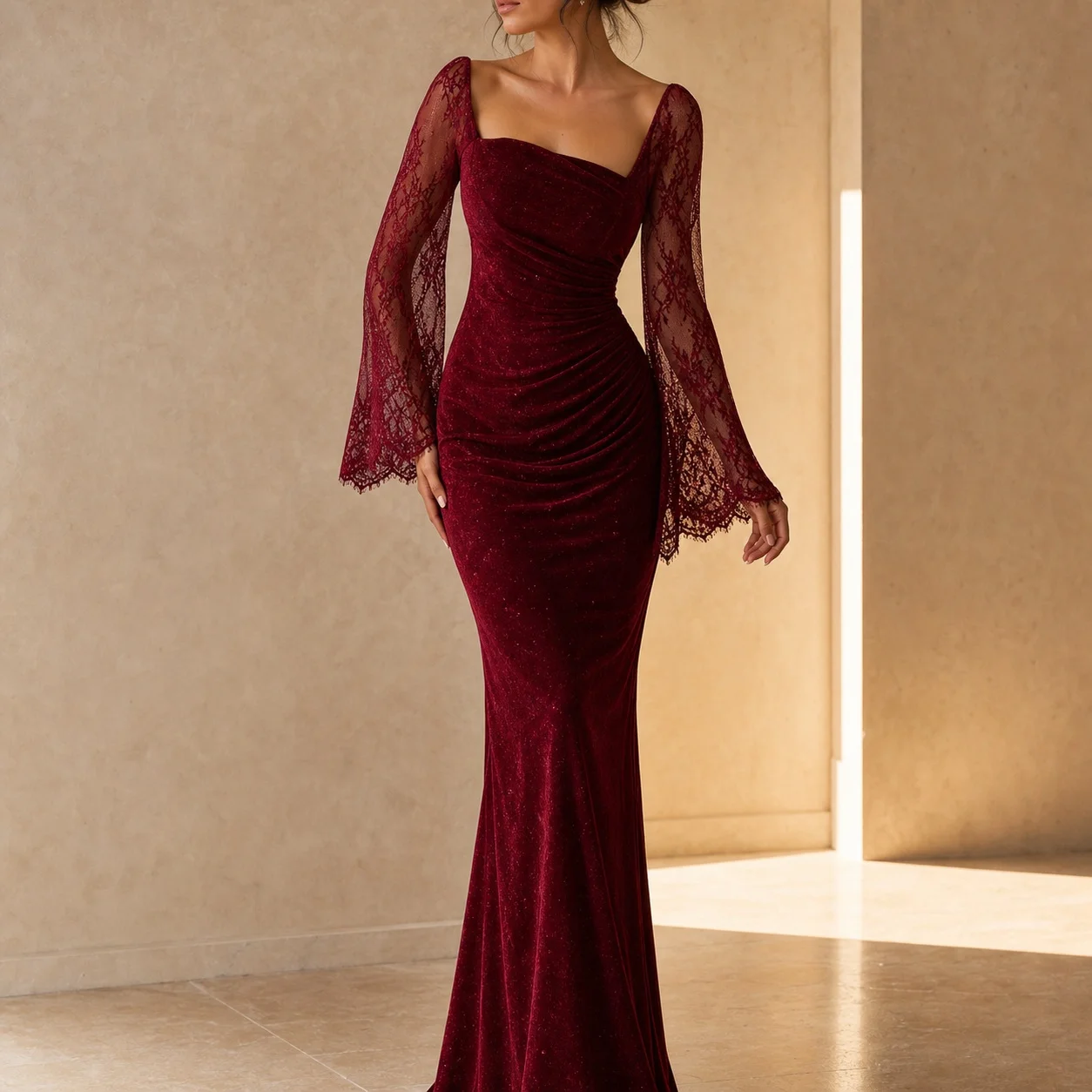 Women's Long Lace Rhinestone Long Sleeve Bodycon Dress for Wedding Guest Party Prom Elegant Party Wedding Party Guest Wedding