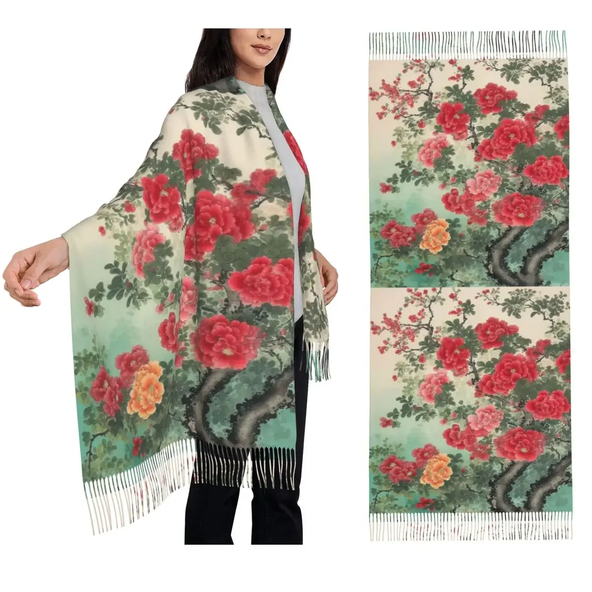 Customization Chinese Peony Scarf Tassel Scarves For Women Soft Warm Shawls And Wraps Large Fall Winter Shawl Wrap