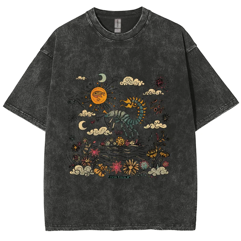 Cartoon Landscape Print Simple Casual Style Women's T-Shirt Unisex Wash Round Neck Short Sleeve Vintage Distressed Basic Tee