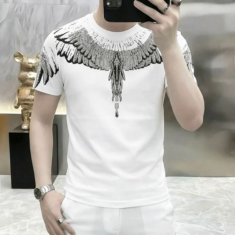 Luxury Rhinestone Wings Short Sleeved T-shirt for Men Ice Silk Breathable Casual Social Round Neck Tshirts Streetwear Tops M-4XL