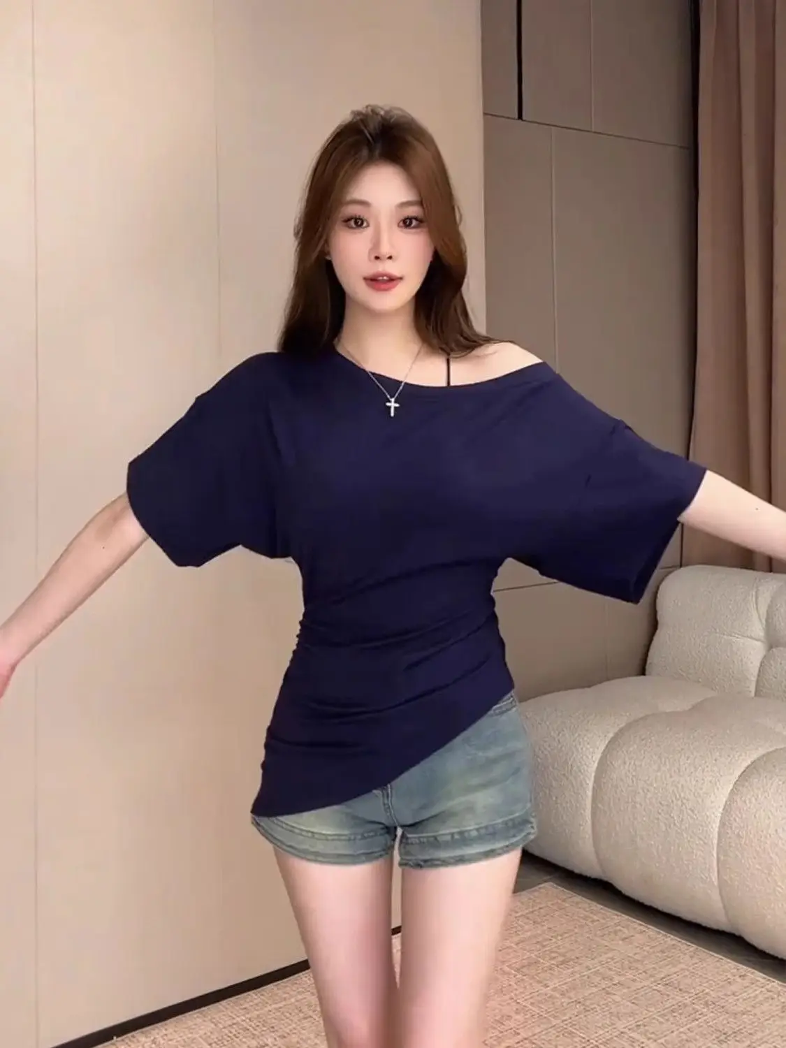 

Off Shoulder T-Shirt Top Womens Summer Mesh Bandage Aesthetic Clothing Trendy Waist Fitted Minimalism Y2K Vacation Petal Soft GF