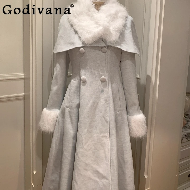 Warm Winter Long Woolen Coat with Fur Collar Female Original New Japanese Style Gentle Lolita Overcoat Women Lolita Wool Coat