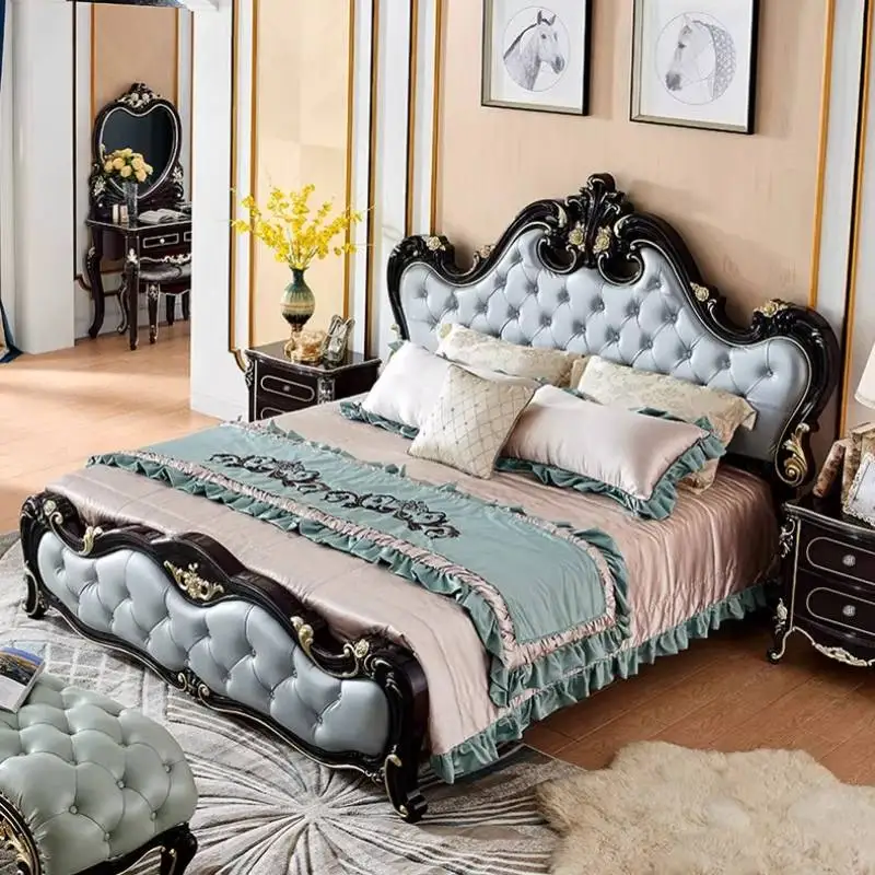 Black Blue European Double Bed Elegant Normal Storage Wood European Double Bed Japanese Modern Cama Matrimonial Furniture
