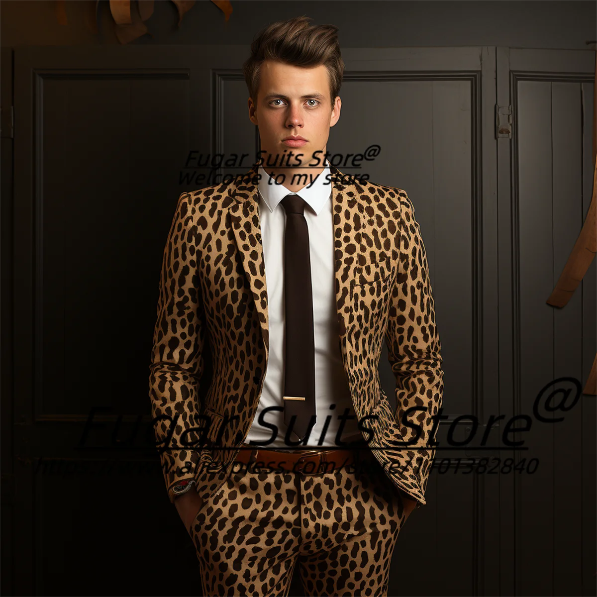 

Fashion Leopard Print Casual Men Suits Slim Fit Notched Lapel Groom Prom Tuxedos 2Pieces Sets Classic Male Blazers Costume Homme