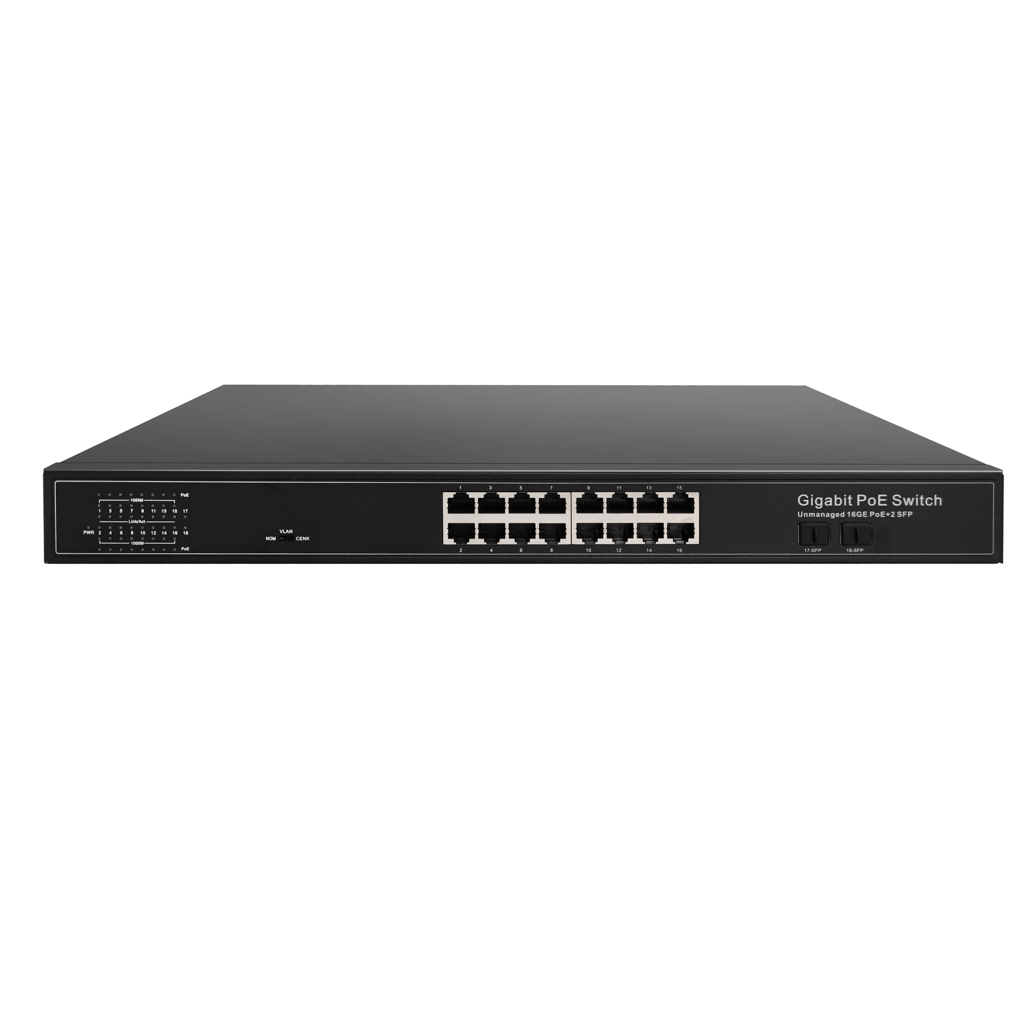 Full Gigabit Unmanaged 200W 16 port PoE switch with 2 X1G SFP Uplink