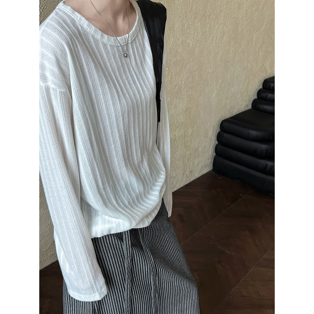 Pit Stripe Big Collar Long Sleeved T-shirt For Women 2024 Autumn Perspective Sun Protection Cover