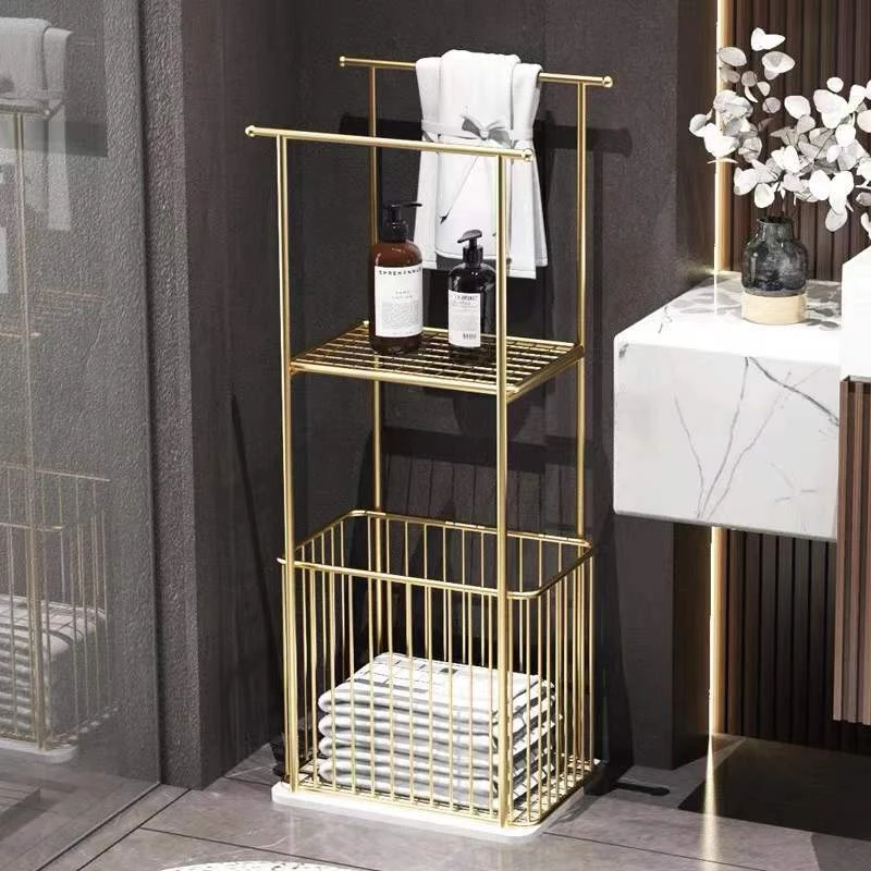 

Luxury Bathroom Towel Rack Floor Bathroom Rack Iron Marble Storage Stand with Dirty Clothes Basket Home Organization and Storage