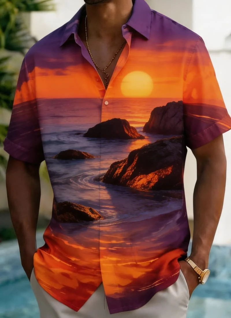 Men's Artistic Scenery Print Shirt, Trendy Casual Wear for Summer, Beach Trips, Daily Outings & Street Fashion
